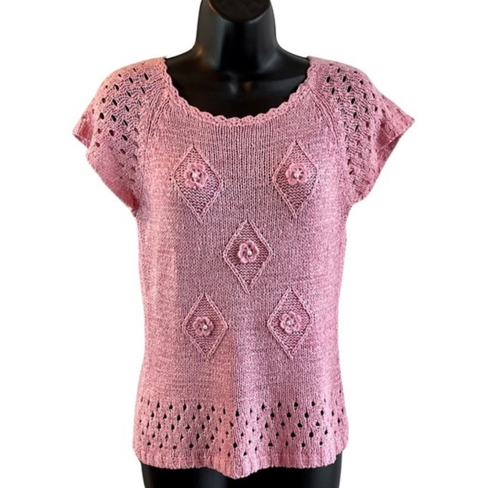 Pink Hand Knit Cap Sleeve Crew Neck Stretch Top SzS